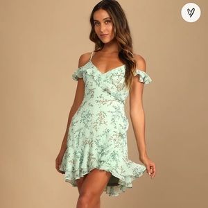 Lulu’s Mint Floral Off-the-Shoulder Ruffled Mini Dress